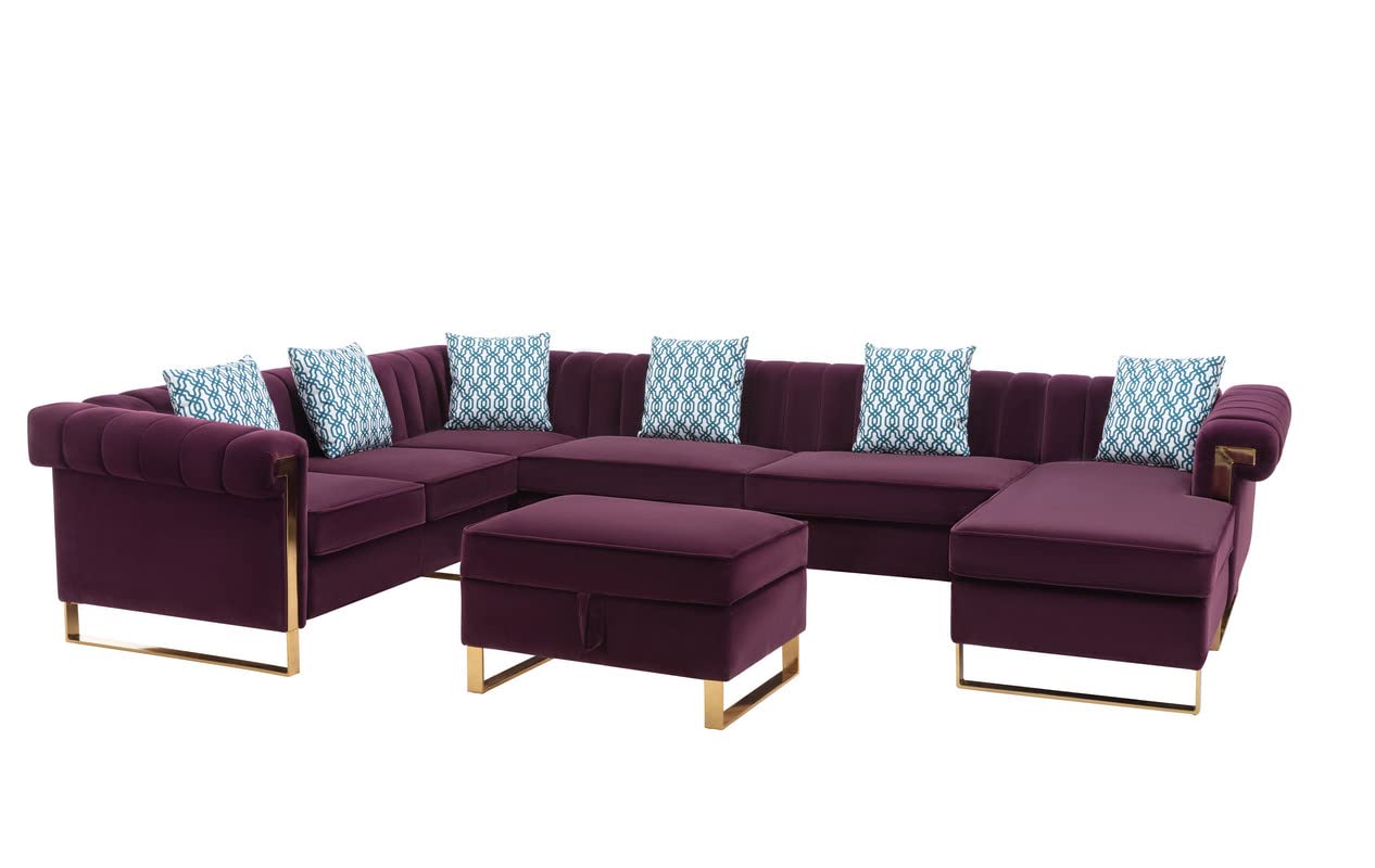 Lilola Home Maddie Purple Velvet 7-Seater Sectional Sofa with Reversible Chaise and Storage Ottoman